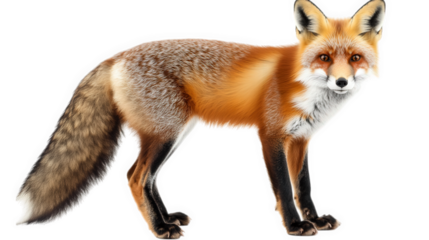 realistic illustration of a fox. showcasing its distinctive orange and white fur. bushy tail. and alert expression the fox stands in a natural pose. highlighting its graceful form and keen features. m
