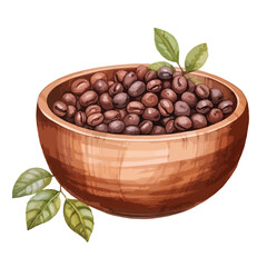 Coffee beans in a wooden bowl cute watercolors illustration on white background