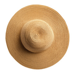Classic summer straw hat isolated on transparent background, top view