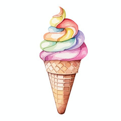 cone of rainbow sherbet cute watercolors illustration on white background