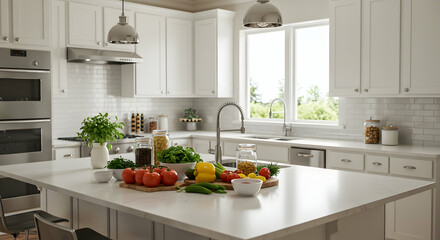 Bright white modern kitchen with island fresh vegetables and herbs interior design home cooking healthy eating lifestyle