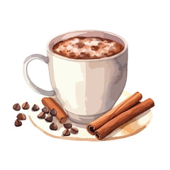 cup of cocoa topped with cinnamon cute watercolors illustration on white background
