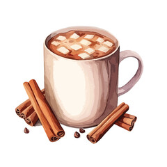cup of cocoa topped with cinnamon cute watercolors illustration on white background