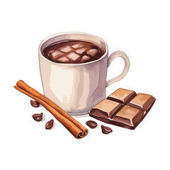 cup of cocoa topped with cinnamon cute watercolors illustration on white background