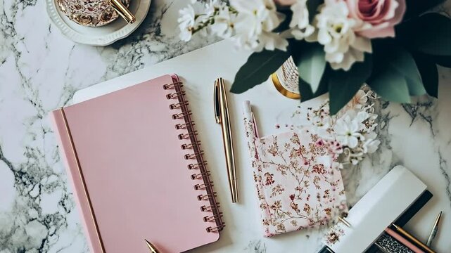 Elegant Flat Lay Arrangement with Floral Details for Feminine Content Creators