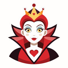 Alice in Wonderland Queen of Hearts clipart. The image shows a stylized depiction of the Queen of Hearts with a crown and a high collar. Vector illustration design.