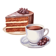 cup of cocoa with a slice of cake cute watercolors illustration on white background
