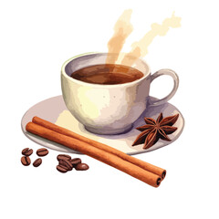 cup of eggnog with cinnamon sticks cute watercolors illustration on white background