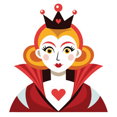 Alice in Wonderland Queen of Hearts clipart. The image shows a stylized depiction of the Queen of Hearts with a crown and a high collar. Vector illustration design.