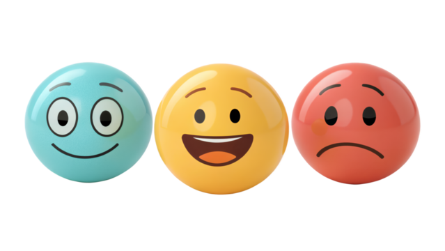 Three emoji balls showing different moods including happy sad and excited expressions in a row png on transparent background - Powered by Adobe