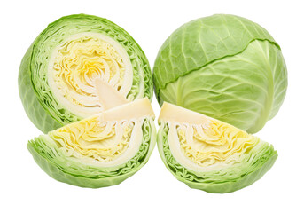 Fresh green cabbage cut in half and two wedges isolated on transparent background