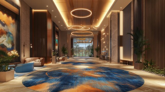 Elegant modern lobby interior design with vibrant artwork and stylish furnishings