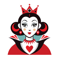 Alice in Wonderland Queen of Hearts clipart. The image shows a stylized depiction of the Queen of Hearts with a crown and a high collar. Vector illustration design.