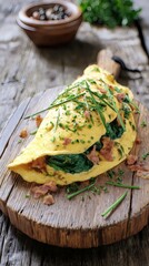 Omelet with Spinach and Bacon on Wood Board Garnished with Chives Closeup View