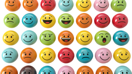 Assorted colorful smiley faces displaying various emotions arranged in neat rows and columns format png on transparent background