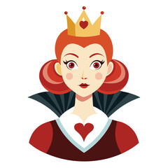 Alice in Wonderland Queen of Hearts clipart. The image shows a stylized depiction of the Queen of Hearts with a crown and a high collar. Vector illustration design.