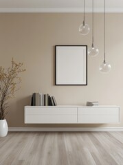  a Scandinavian-style living room interior concept as a mock-up poster with 3D render and 3D illustration techniques