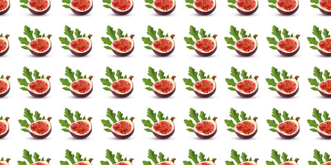 Seamless pattern of fresh figs with green leaves showing vibrant red interior