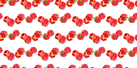 Seamless pattern of whole and halved red bell peppers on white background