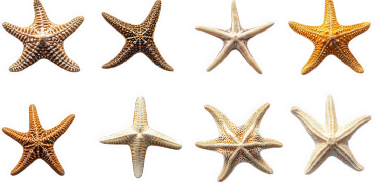 eight starfish arranged in two rows. showcasing a variety of colors and textures each starfish displays unique patterns. highlighting the diversity found in marine life this visual serves to illustrat