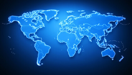 Obraz premium Glowing world map blue background digital style continents global abstract modern illuminated technology