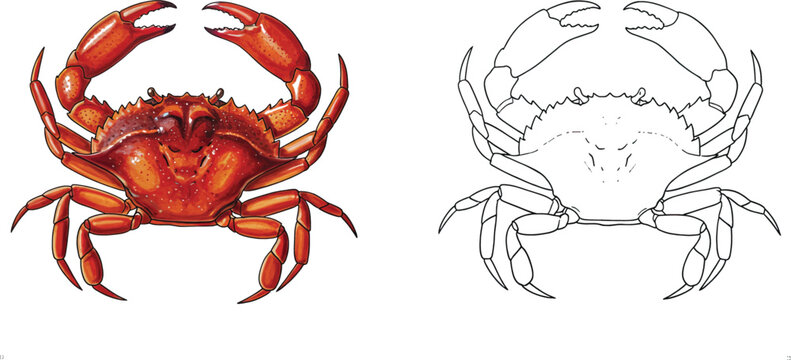 Marine Crab Illustration: An artistic display showcasing a single crab in two distinct renditions, with vibrant hues and line art detail emphasizing its fascinating structure.