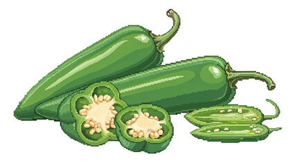 Pixel Jalape&ntilde;o Peppers With Sliced Cross Section And Detailed Seeds On Transparent Background For Retro Style Food Assets