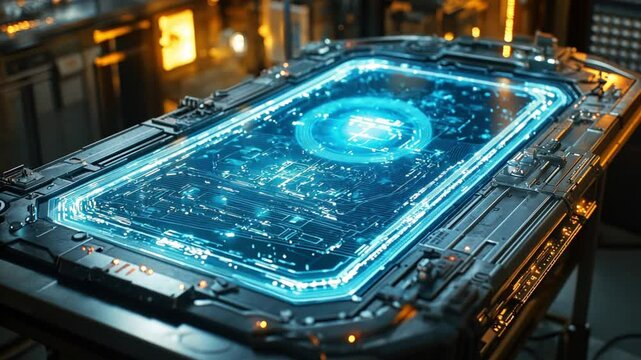 Futuristic Tech Interface: Glowing Blue Digital Display on a Sleek Metal Table