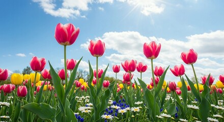 Obraz premium Aesthetic wallpaper of red tulips in spring against blue sky