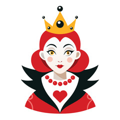 Alice in Wonderland Queen of Hearts clipart. The image shows a stylized depiction of the Queen of Hearts with a crown and a high collar. Vector illustration design.
