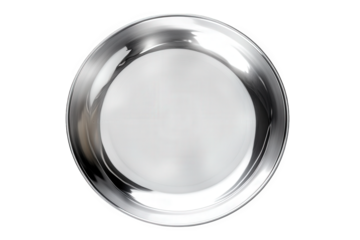shiny. round metal plate with a smooth surface and a reflective finish. positioned against a white background its design suggests it could be used for serving food or as a decorative piece