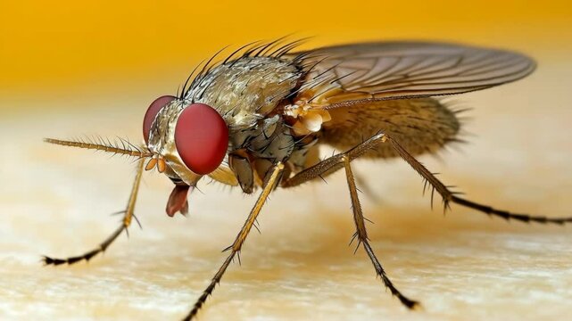 Extreme close up of a common housefly with red eyes and detailed wings sitting on an undefined surface with a yellow background.