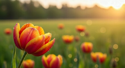 Tranquil Spring-Summer Meadow with Yellow Tulip Flowers and Grass in Warm Abstract Sunset Light – Soft Focus Nature Background