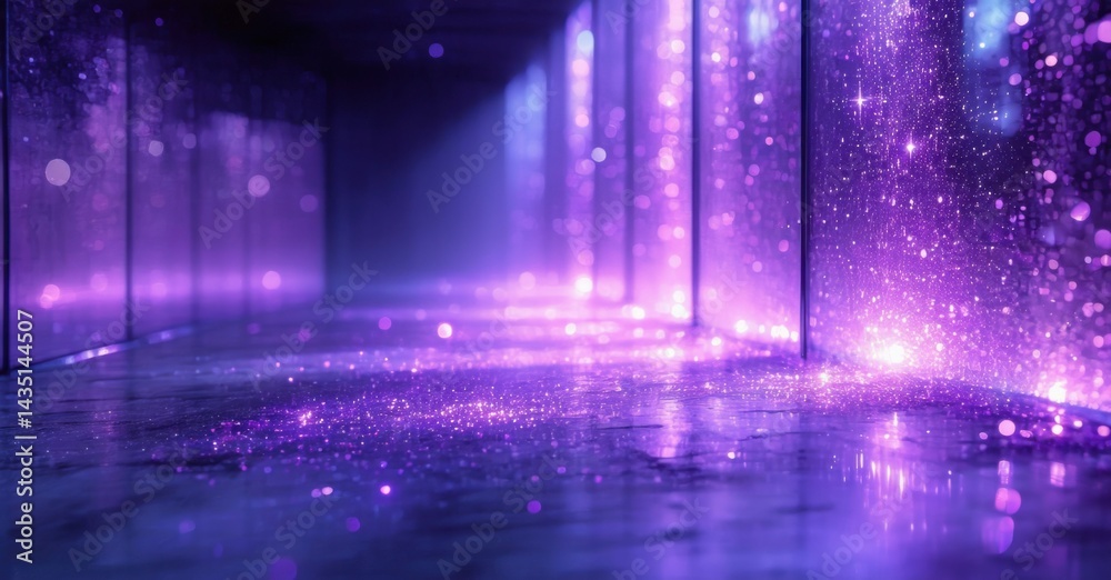 Poster abstract corridor, purple light, glittering particles create magical atmosphere. reflections suggest