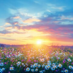 Obraz premium Enchanting meadow of daisies and wildflowers bathed in the warm glow of a breathtaking sunset painting the sky with vibrant hues of pink orange and blue