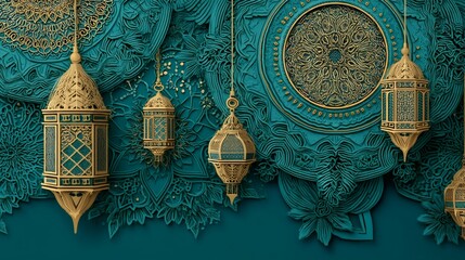 Teal ornate background with hanging gold arabesque lanterns detailed art