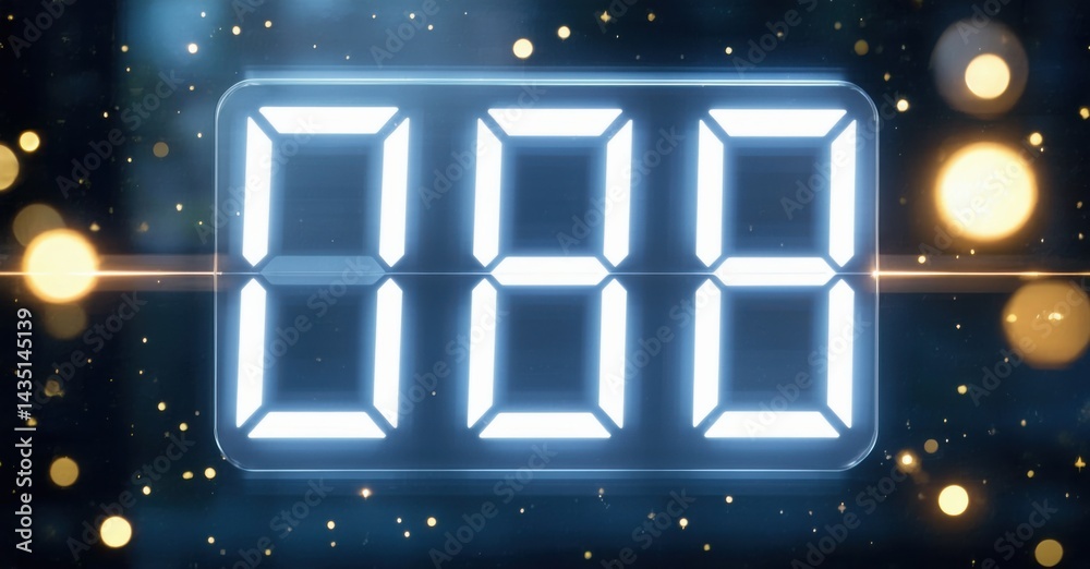Poster digital display shows number 888. bright lights shine against dark blue background. stars create cos