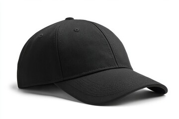 Fototapeta premium Sleek black baseball cap on white backdrop showcasing minimalist design and shadow play for athletic apparel branding and fashion accessory presentation studio shot