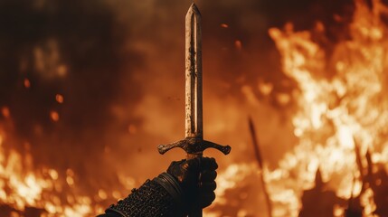 Fototapeta premium Medieval Sword in Fiery Battle Scene