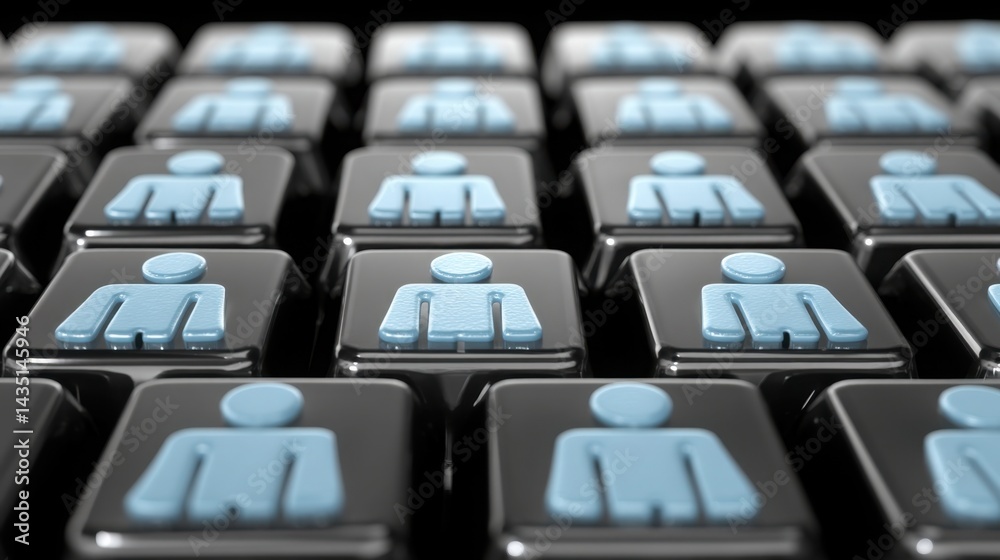 Poster computer keyboard surrounded by blue figurines representing portable verification in blockchain-base