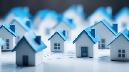 A row of houses with blue roofs depicting the future of blockchain real estate and decentralized housing systems