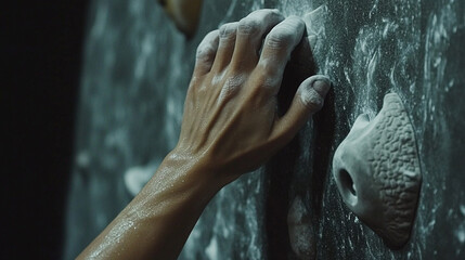 Fototapeta premium Close-up of chalked hand on climbing wall.