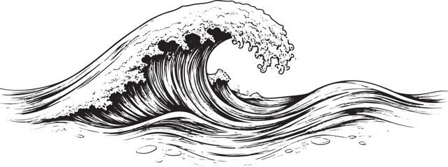 Fototapeta premium Water waves illustration drawing, black and white transparent background