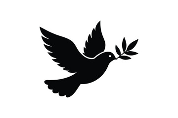 Obraz premium Flying dove holding an olive branch icon silhouette on white background