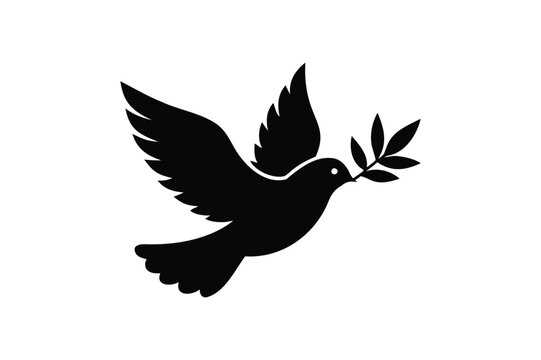 recommend clip art: Flying dove holding an olive branch icon silhouette on white background