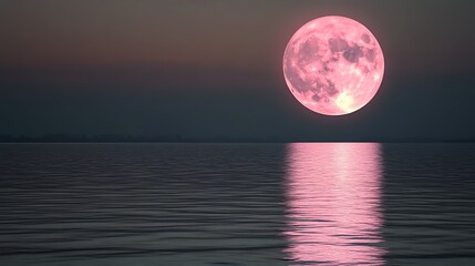 Pink Moonrise over Calm Sea.