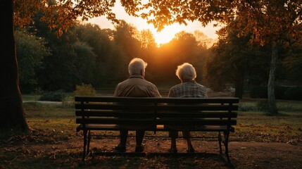 AI-generated elderly couple sitting on a park bench at sunset, surrounded by autumn foliage