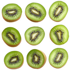 Fototapeta premium Freshly cut slices of kiwi fruit arranged on a pure Transparent background for a vibrant and healthy display, Many slices kiwi fruitisolated on PNG background