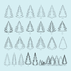 Symmetrical arrangement of tree leaf icons. Collection of black leaves outline with brunch. Environment, nature eco sign, organic plant product, nature element vector illustration for graphic design.