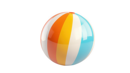 colorful beach ball with alternating stripes of orange. blue. and white. resting on a clean. white background it symbolizes fun and leisure. often associated with beach activities and summer outings